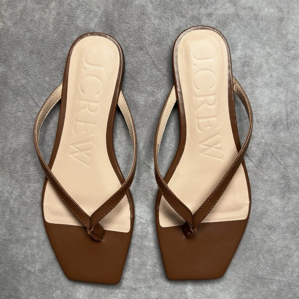 J.Crew Brown Leather Square Toe Sz. 7 Thong Sandals English Saddle Flat Slides